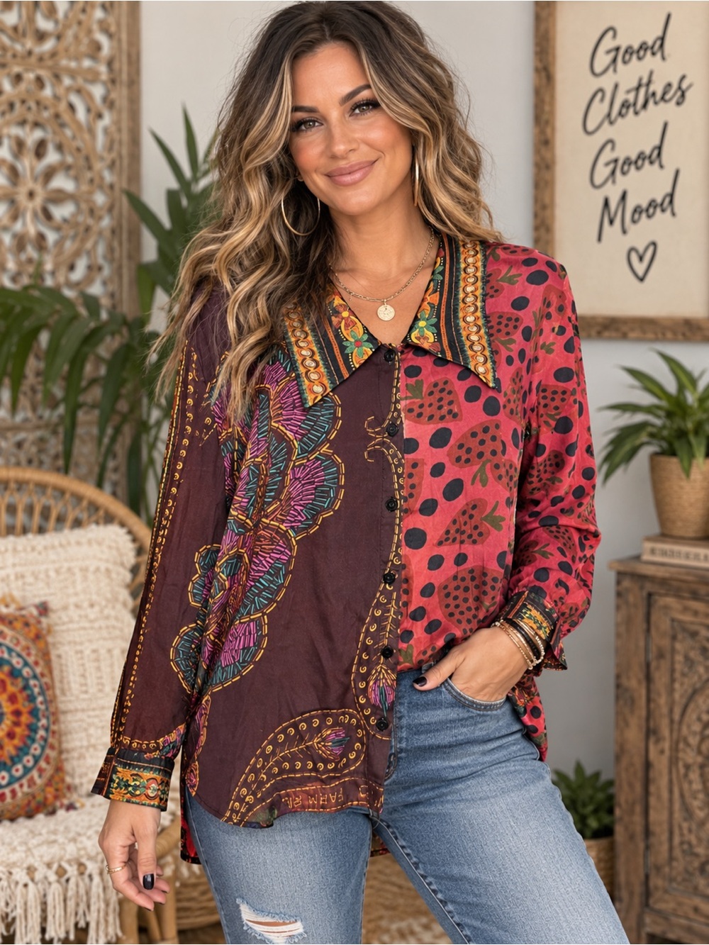 FARM Rio Mixed Scarves Button Down Top